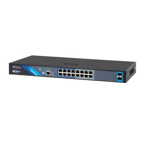 Na zdjęciu znajduje się 16-portowy switch PoE w obudowie rackowej, z widocznymi portami i oznaczeniami na przednim panelu. Urządzenie ma czarną obudowę z niebieskimi i szarymi akcentami.