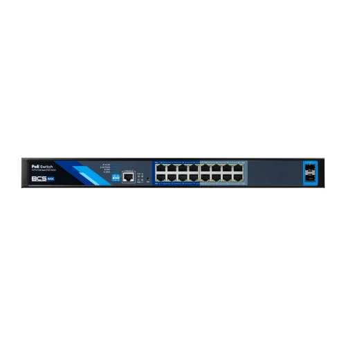 Na zdjęciu znajduje się portowy switch PoE z zarządzaniem, posiadający osiem portów Ethernet oraz dwa porty SFP. Urządzenie ma ciemną obudowę z niebieskimi i szarymi akcentami oraz oznaczeniami portów na przednim panelu.