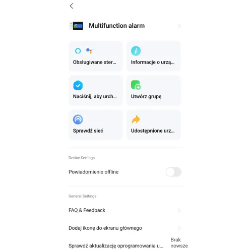 Zrzut ekranu przedstawia interfejs aplikacji mobilnej z różnymi opcjami dotyczącymi alarmu wielofunkcyjnego, takimi jak obsługa sterowania, informacje o urządzeniu i tworzenie grupy. Na dole ekranu znajdują się ustawienia urządzenia oraz sekcje FAQ i aktualizacji oprogramowania.