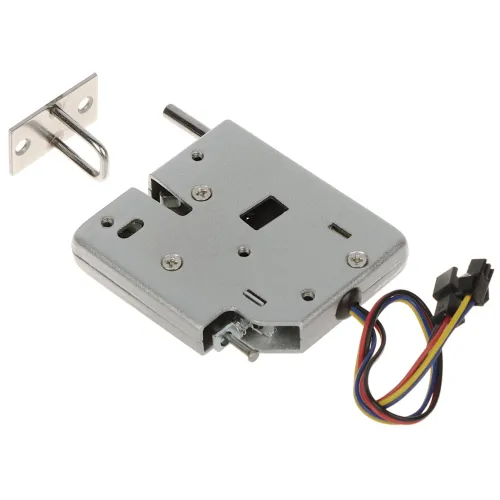 Na zdjęciu znajduje się metalowy zamek elektromagnetyczny z widocznymi kolorowymi przewodami oraz oddzielnym metalowym zaczepem. Zamek ma prostokątny kształt i kilka otworów montażowych.