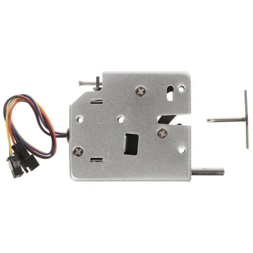 Zdjęcie przedstawia metalowy zamek elektromagnetyczny z widocznymi kolorowymi przewodami i złączem. Obok zamka znajduje się metalowy element montażowy.