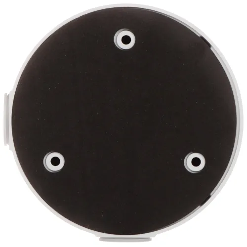 Okrągła, czarna podstawa montażowa z trzema otworami na śruby, otoczona białą krawędzią. Przeznaczona do instalacji kamer lub innych urządzeń na powierzchniach płaskich.