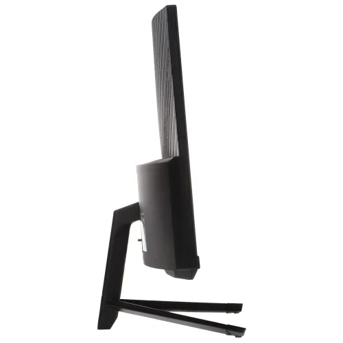 Zdjęcie przedstawia boczny widok czarnego monitora z cienką ramką, umieszczonego na prostokątnej podstawie. Monitor jest ustawiony pod kątem, ukazując jego smukły profil i nowoczesny design.