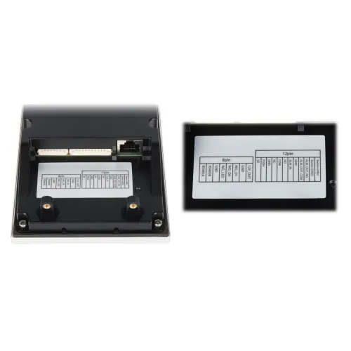 Zdjęcie przedstawia zbliżenie na tylną część urządzenia elektronicznego z widocznymi złączami i schematem połączeń. Po prawej stronie znajduje się powiększony widok schematu z opisem pinów.