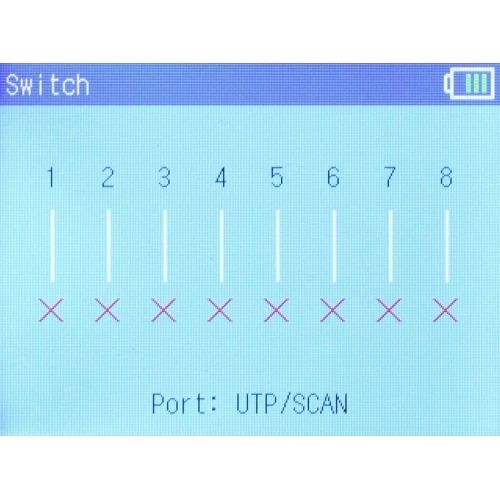 Ekran wyświetla schemat ośmiu portów oznaczonych numerami od 1 do 8, z czerwonymi krzyżykami pod każdym z nich. W górnej części widoczny jest napis "Switch", a na dole "Port: UTP/SCAN".