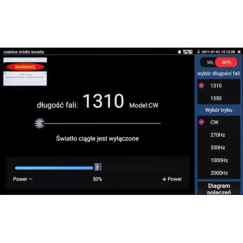 Interfejs użytkownika urządzenia do zarządzania źródłem światła, z wyświetlonymi opcjami wyboru długości fali i trybu pracy. Na ekranie widoczny jest komunikat o wyłączonym świetle oraz suwak do regulacji mocy.