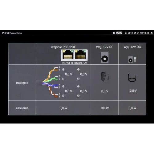 Zdjęcie przedstawia ekran z informacjami o zasilaniu i napięciu dla różnych portów sieciowych i zasilających. Widać szczegóły dotyczące napięcia na poszczególnych przewodach oraz ikonki wejść i wyjść DC.