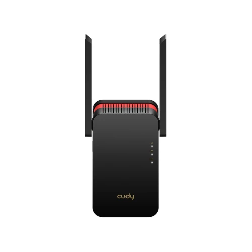 Na zdjęciu znajduje się czarny access point Cudy RE3000 z dwoma antenami skierowanymi do góry. Urządzenie ma czerwony akcent na górze i widoczne diody sygnalizacyjne z przodu.