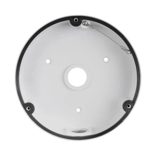 Na zdjęciu znajduje się okrągły, biały adapter z czterema otworami montażowymi i centralnym otworem, otoczony czarną krawędzią. Wewnątrz widoczny jest metalowy element zabezpieczający.