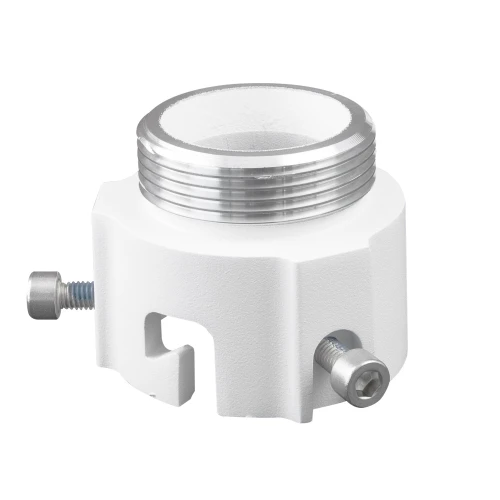 Biały adapter do kamer PTZ z metalowymi elementami montażowymi i gwintowanym otworem na górze. Adapter ma solidną konstrukcję z widocznymi śrubami mocującymi.