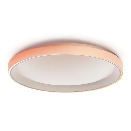Okrągła, nowoczesna lampa sufitowa z białym kloszem i pomarańczowym obramowaniem. Lampa ma minimalistyczny design, idealny do współczesnych wnętrz.