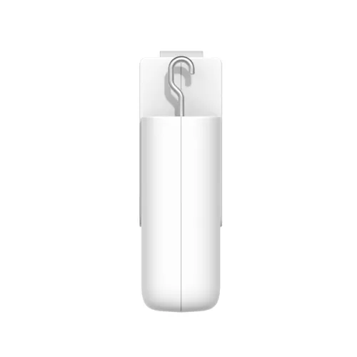 Biały, prostokątny czujnik z zaokrąglonymi krawędziami i widocznym metalowym uchwytem na górze. Urządzenie ma minimalistyczny design i jest przeznaczone do montażu na ścianie.