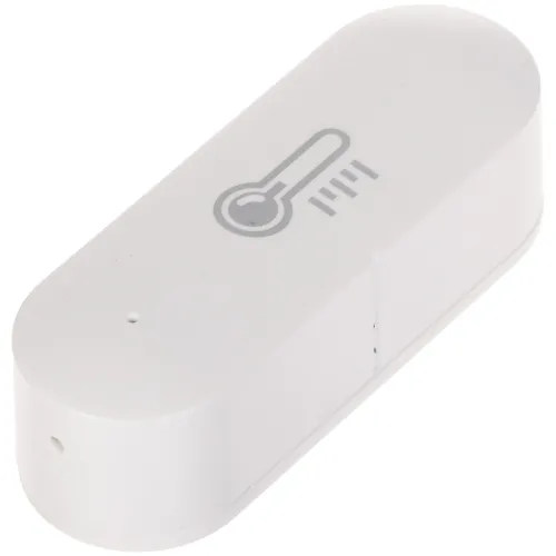 Biała, bezprzewodowa czujka temperatury o zaokrąglonym kształcie z symbolem termometru na górze. Urządzenie posiada przycisk resetu z boku.