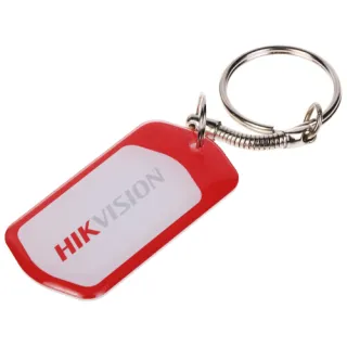 Czerwono-biały brelok zbliżeniowy RFID marki Hikvision z metalowym kółkiem na klucze. Na breloku widoczne jest logo Hikvision.