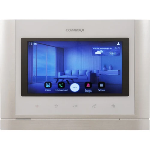 Commax monitor 7" głośnomówiący SMART CMV-70MX(DC) z eleganckim, nowoczesnym designem i dużym ekranem dotykowym. Urządzenie oferuje zaawansowane funkcje komunikacyjne i łatwość obsługi w systemach domofonowych.