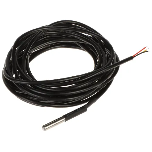 Czujnik temperatury z długim, czarnym kablem zakończonym metalową sondą. Na końcu kabla znajdują się trzy odsłonięte przewody w kolorach czerwonym, żółtym i czarnym.