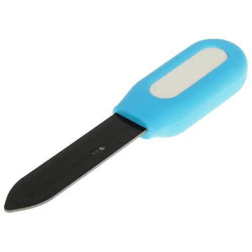 Czujnik temperatury i wilgotności gleby z niebieską obudową i czarną sondą. Urządzenie ma prostokątny kształt z zaokrąglonymi krawędziami.