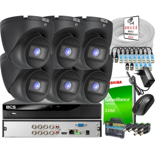 Monitoraggio fai-da-te - set: 6 telecamere BCS-EA15FSR3-G 5MPx, registratore BCS-L-XVR0801-4KE-IV 8MPx, disco rigido da 1TB, cavo a torsione