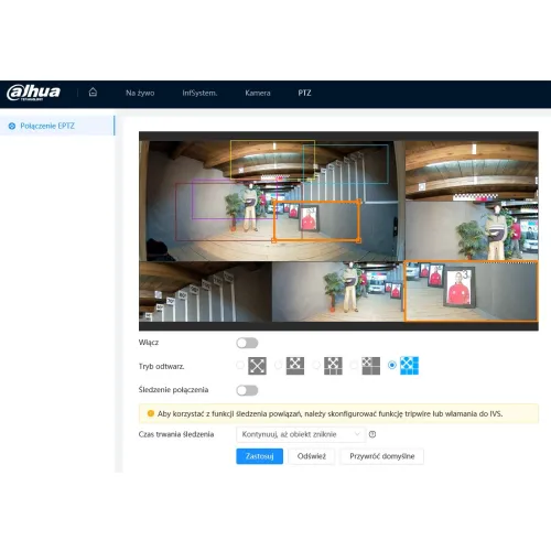 Zrzut ekranu przedstawia interfejs oprogramowania do monitoringu Dahua z funkcją śledzenia obiektów, pokazujący obraz z kamery z zaznaczonymi kolorowymi prostokątami wokół osób i obiektów. Na dole ekranu znajdują się opcje konfiguracji trybu śledzenia i ustawienia kamery.