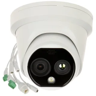 Hybrydowa kamera termowizyjna IP w białej obudowie z dwoma obiektywami i dodatkowymi złączami kablowymi. Kamera ma nowoczesny, kompaktowy design i jest przeznaczona do monitoringu.