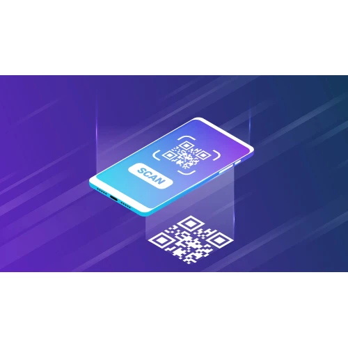 Na ilustracji znajduje się stylizowany smartfon z wyświetlaczem pokazującym kod QR i przyciskiem "SCAN". W tle widoczny jest gradient w odcieniach fioletu i niebieskiego oraz dodatkowy kod QR na powierzchni.
