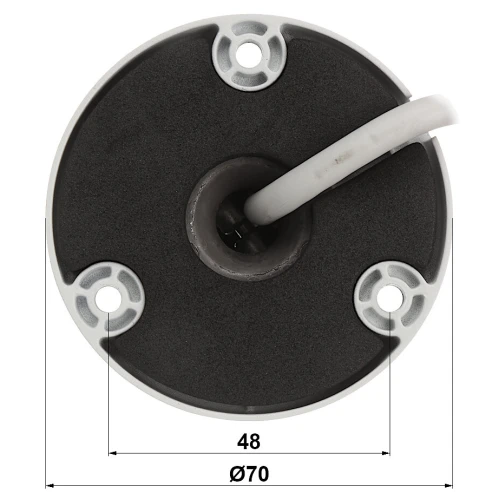 Zdjęcie przedstawia okrągłą podstawę kamery z trzema otworami montażowymi i kablem wychodzącym z jej środka. Na dole widoczny jest wymiar średnicy podstawy wynoszący 70 mm oraz odległość między otworami wynosząca 48 mm.
