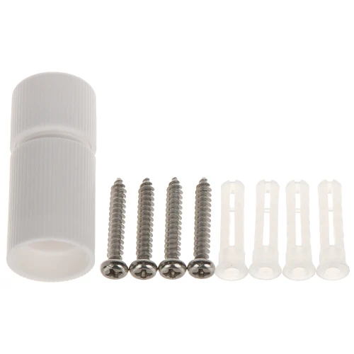 Zestaw montażowy składający się z czterech metalowych śrub, czterech plastikowych kołków oraz białej, cylindrycznej osłony. Elementy są ułożone na białym tle, co podkreśla ich szczegóły i kształty.