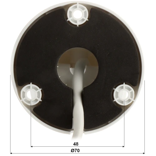 Zdjęcie przedstawia spód kamery IP z widocznymi trzema otworami montażowymi oraz przewodem wychodzącym z centralnej części. Na zdjęciu zaznaczone są wymiary podstawy: średnica 70 mm i odległość między otworami 48 mm.