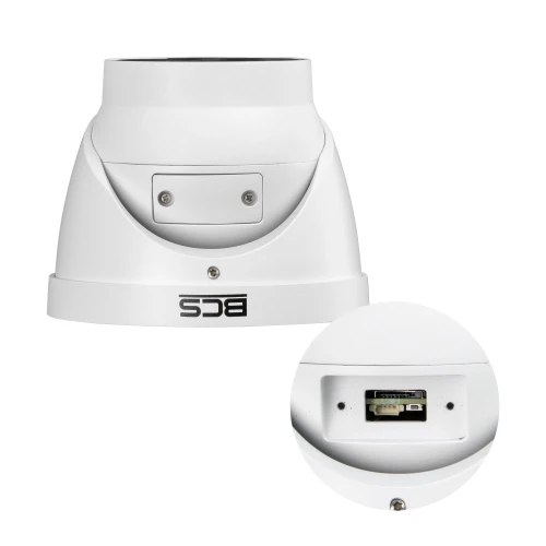 Biała, kopułkowa kamera termowizyjna z logo BCS na podstawie, widoczna z przodu i zbliżenie na porty z tyłu. Kamera ma nowoczesny design i jest przeznaczona do monitoringu.