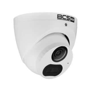 Biała, kopułowa kamera monitoringu z logo "BCS BASIC" na obudowie, posiada widoczny obiektyw i czujnik. Kamera jest przeznaczona do systemów analogowych HD i ma nowoczesny, minimalistyczny design.