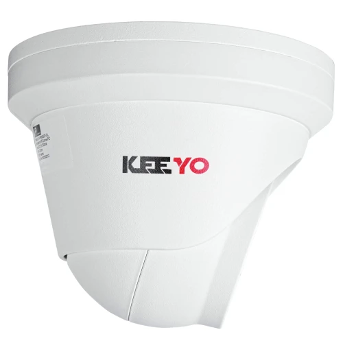 Biała, kopułowa kamera monitoringu marki Keeyo z widocznym logo na obudowie. Kamera ma nowoczesny design i jest przeznaczona do montażu sufitowego.