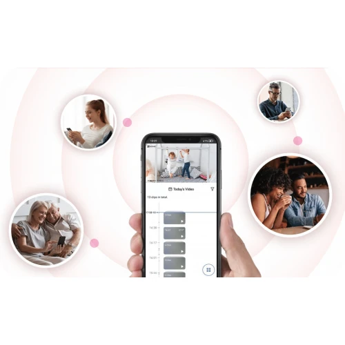 Osoba trzyma smartfon z aplikacją do monitoringu, na ekranie widać podgląd z kamery i harmonogram nagrań. W tle znajdują się cztery okrągłe zdjęcia przedstawiające ludzi korzystających z telefonów.