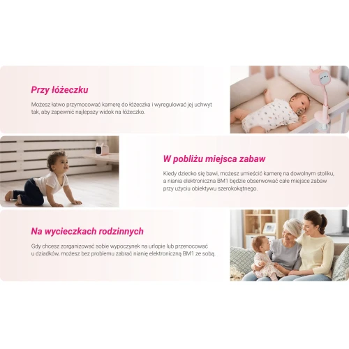 Na zdjęciu znajdują się trzy sceny przedstawiające zastosowanie kamery niani: dziecko leżące w łóżeczku z kamerą zamontowaną na jego krawędzi, dziecko bawiące się na podłodze z kamerą na stoliku oraz rodzina z dzieckiem na kanapie, gdzie kamera jest używana do monitorowania. Każda scena jest opatrzo