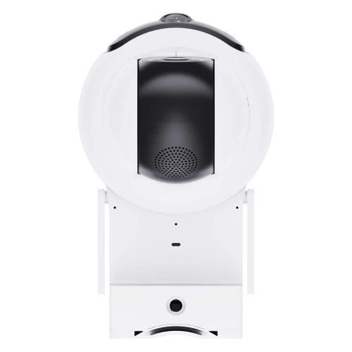 Biała, obrotowa kamera IP Wi-Fi z czarnymi elementami centralnymi, widziana z przodu. Kamera ma nowoczesny design z widocznym obiektywem i otworami wentylacyjnymi.