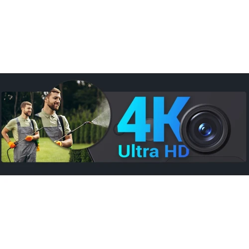 Na zdjęciu znajduje się duży napis "4K Ultra HD" obok obiektywu kamery. W lewym górnym rogu widoczny jest mężczyzna w ogrodniczym stroju, trzymający wąż ogrodowy.