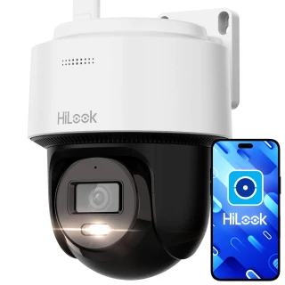 Biała kamera Wi-Fi z czarną, obrotową częścią znajduje się na tle białej ściany, obok niej widoczny jest smartfon z aplikacją HiLook na ekranie. Kamera ma nowoczesny design i jest przeznaczona do monitoringu.