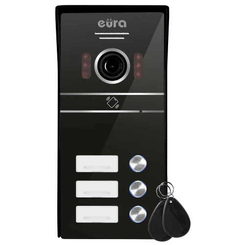 Cassetta esterna del videocitofono EURA VDA-63C5 - per tre famiglie, nera, telecamera 1080p., lettore RFID