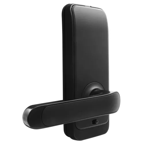 Czarna klamka z kontrolerem dostępu, wyposażona w szyfrator i czytnik MIFARE. Nowoczesny design z gładką powierzchnią i zaokrąglonymi krawędziami.