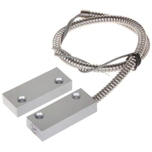 Na zdjęciu znajduje się metalowy kontaktron bramowy z dwoma prostokątnymi elementami i spiralnym przewodem. Produkt jest w kolorze srebrnym i posiada otwory montażowe.