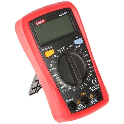 Na zdjęciu znajduje się miernik uniwersalny UT33C+ marki UNI-T w czerwonej obudowie z czarnym panelem przednim. Urządzenie posiada duży wyświetlacz LCD oraz pokrętło do wyboru funkcji pomiarowych.