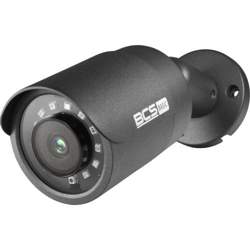 Kamera monitoringu BCS Basic 4MP o cylindrycznym kształcie, wyposażona w obiektyw otoczony diodami LED do nocnego widzenia. Obudowa kamery jest w kolorze czarnym, z logo BCS Basic widocznym z boku.
