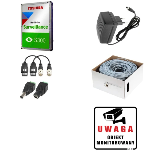 Zestaw do monitoringu zawiera dysk twardy Toshiba S300, zasilacz, adaptery BNC, przewód oraz tabliczkę informacyjną "Uwaga obiekt monitorowany". Komponenty są przeznaczone do instalacji systemu monitoringu po skrętce.