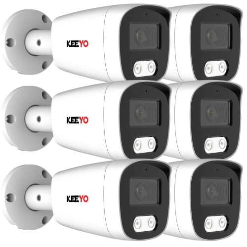 Na zdjęciu znajduje się zestaw sześciu białych kamer tubowych marki KeeYo, ułożonych w dwóch rzędach po trzy. Kamery mają czarne fronty z widocznymi obiektywami i diodami LED.