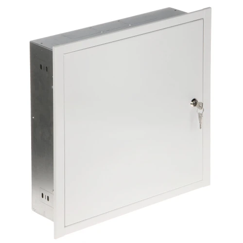 Metalowa obudowa podtynkowa OMP-4 o wymiarach 444 x 438 x 118 mm, wyposażona w zamykane na klucz drzwiczki. Produkt ma prosty, biały front i solidną konstrukcję.