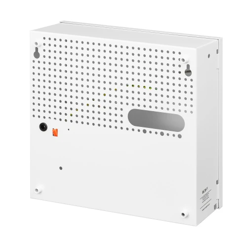 Biała, metalowa obudowa z perforowanym wzorem na przedniej części oraz otworem inspekcyjnym. Posiada kilka otworów montażowych i zabezpieczających.