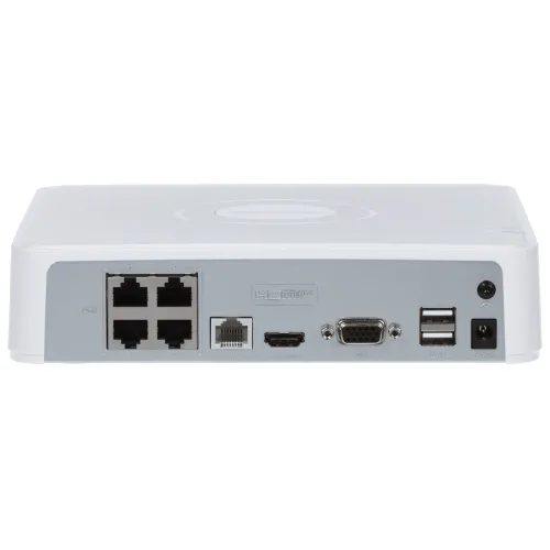 Panel tylny urządzenia elektronicznego z różnymi portami, w tym czterema portami Ethernet, HDMI, VGA, USB oraz złączem zasilania. Obudowa jest w kolorze białym z szarym panelem na tylnej części.