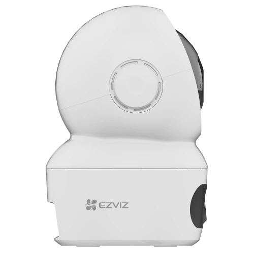 Biała, obrotowa kamera WiFi marki Ezviz z nowoczesnym designem, widoczna z boku. Urządzenie ma gładką powierzchnię i subtelne logo producenta na dolnej części.