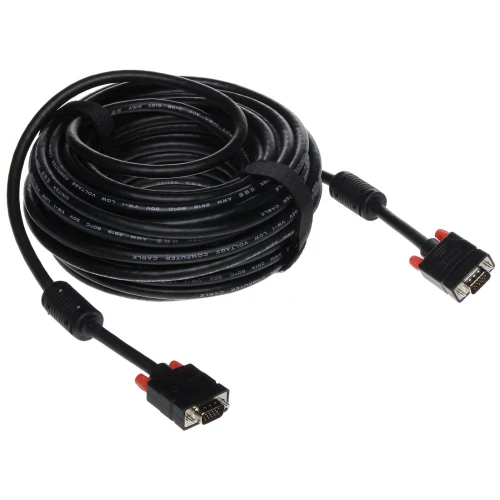 Zdjęcie przedstawia czarny przewód VGA o długości 20 metrów z wtykami wyposażonymi w czerwone elementy zabezpieczające. Kabel jest zwinięty i posiada zapięcie na rzep do łatwego przechowywania.