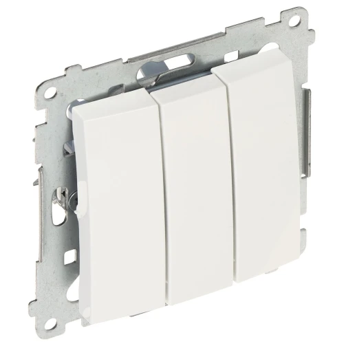 Potrójny przycisk chwilowy w kolorze białym, zamontowany na metalowej ramce. Przeznaczony do instalacji elektrycznych, z trzema oddzielnymi klawiszami.