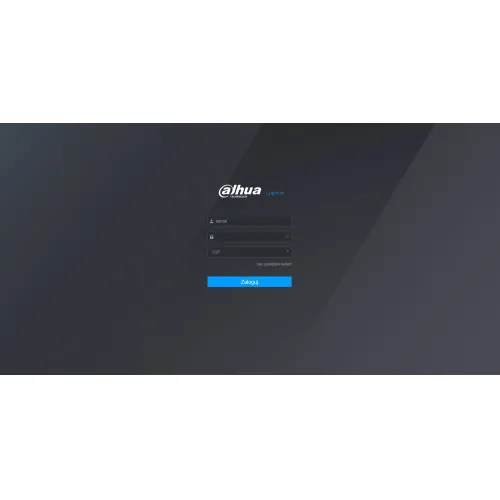 Interfejs logowania do systemu Dahua z polami na nazwę użytkownika i hasło oraz przyciskiem "Zaloguj". Tło jest ciemnoszare z logo Dahua w lewym górnym rogu.